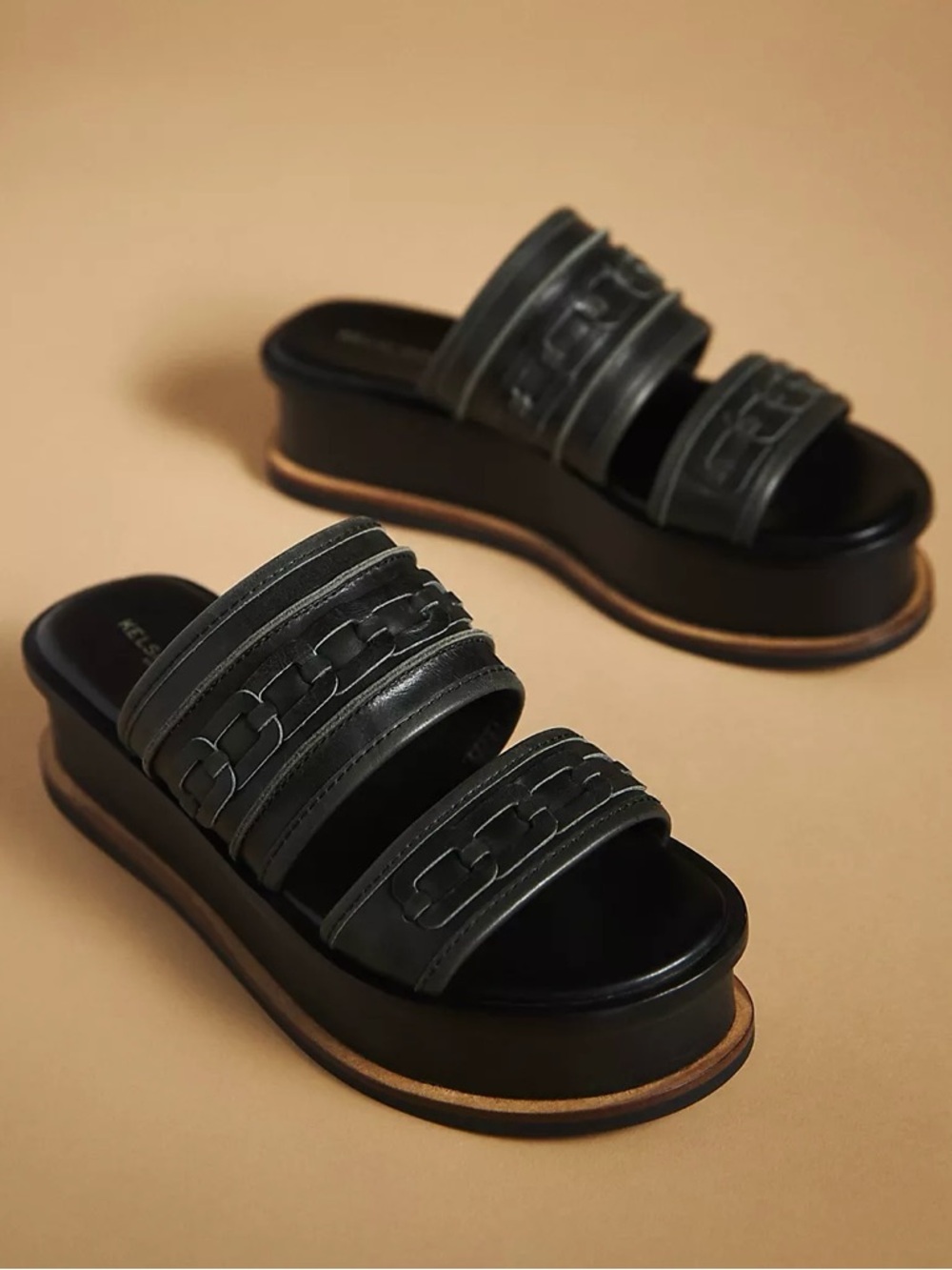 Kelsi Dagger Brooklyn Drift Black Leather Platform Slide‎ Sandals